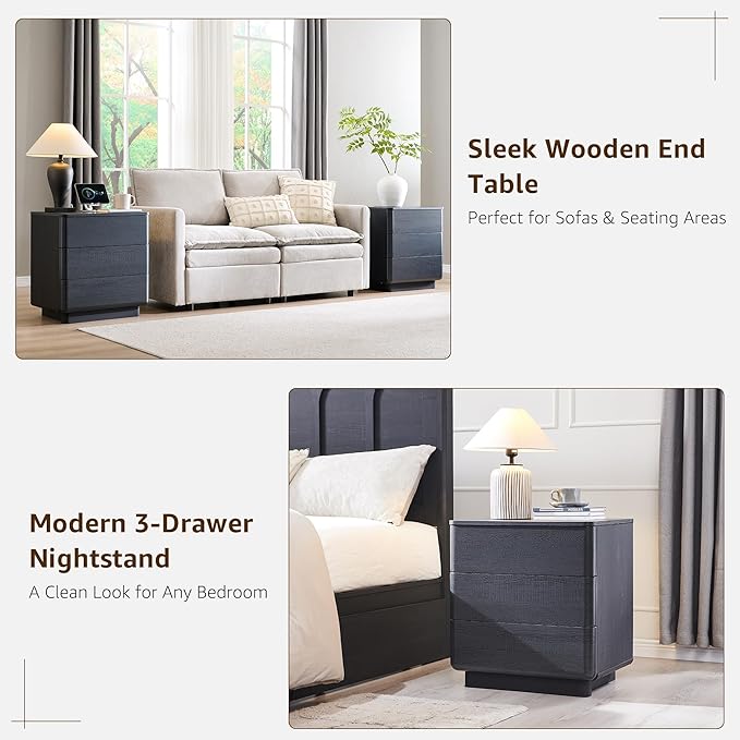 ACCOHOHO 22" Modern Nightstand Set of 2 with Charging Station, Push-to-Open Handleless 3-Drawer Bedside Table, Large End Table with Storage, Night Stand for Bedroom, Living Room, Curved Profile, Black