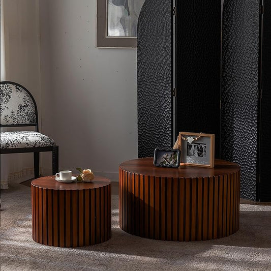 Nesting Coffee Table Set of 2, Modern Round Wooden Circle Accent Coffee Tables for Small Spaces Living Room Bedroom Balcony Office Drum Side Table
