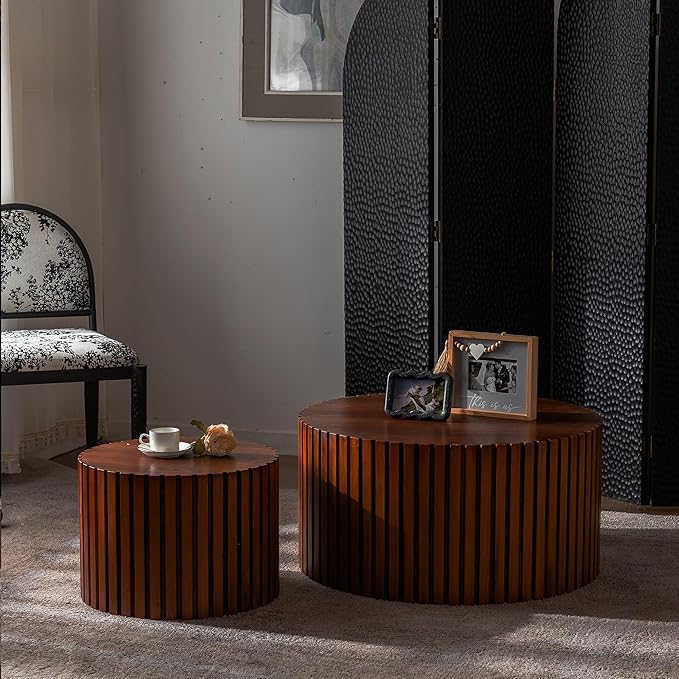 Nesting Round Coffee Table Set of 2, 27.56" Fluted Circle Accent End Table, Morden Drum Side Table, Wooden Center Table for Living Room, Fully Assembled - Walnut