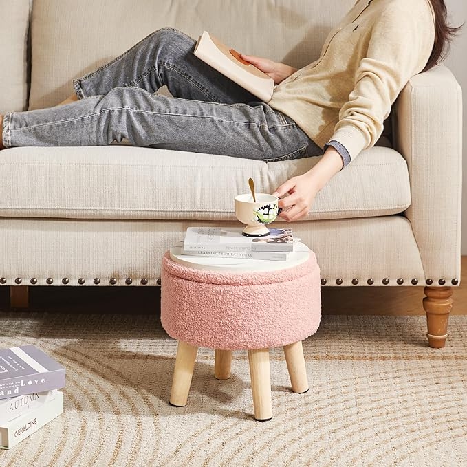 IBUYKE 13 Inch Foot Stool Ottoman with Storage, Round Small Foot Rest with Padded Seat and Wood Legs, Teddy Velvet Mini Footstool for Living Room Couch Bedroom Entryway, Pink WBD006P