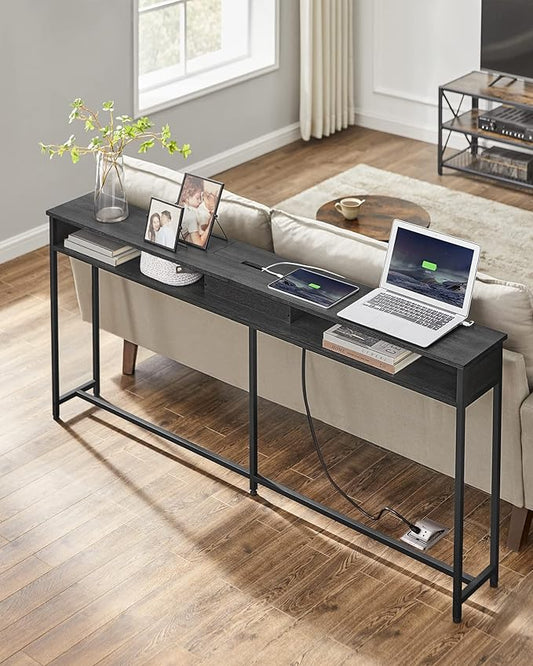 VASAGLE 70.9-Inch Console Table with Outlet and Shelves, Sofa Table with Charging Station, Behind Couch Table Skinny, Entryway Table for Hallway, Living Room, Charcoal Gray and Ink Black ULNT118B22