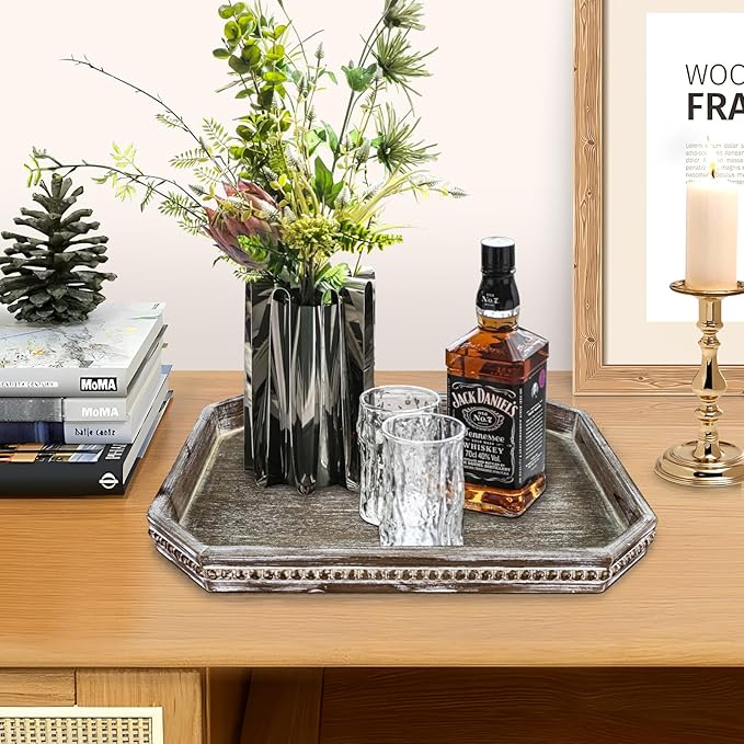 Wooden Decorative Tray, Rustic Serving Tray with Wood Bead, Farmhouse Big Tray for Ottoman, Countertop, Coffee Tabl, 16.5" x 13"x 1.6" (Retro Brown)