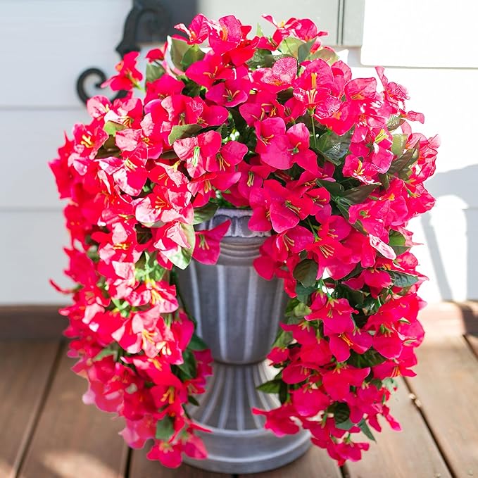 HyeFlora Bougainvillea Artificial Hanging Flowers Plants for Outdoors Decoration, 2pcs Fake Flowers Silk Bougainvillea Vines Realistic UV Resistant Faux Flowers for Planters Porch Patio Urn, Hot Pink