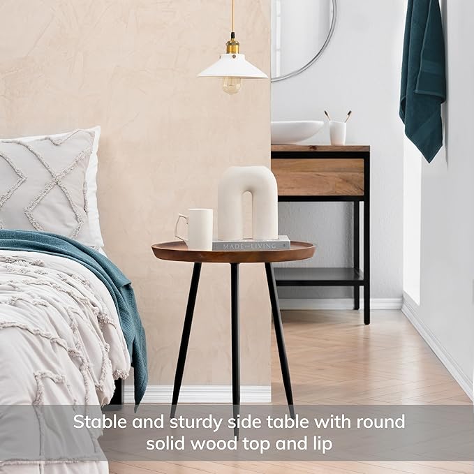 MH London Modern Side Table-Dilan Tri Pin End Table. Exclusively Designed Hand-Crafted Small Nightstand. Solid Wood Round End Table.Contemporary Accent Table for Bedrooms, Living Rooms and Home Office