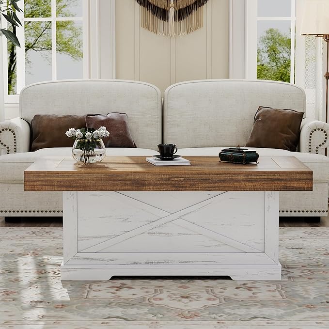 Coffee Table 39 in Farmhouse Center Table with X-Design Wooden Pedestal for Living Room, Space Saving, Rectangle Home Office Tea Accent Table for Apartment, Antique White Walnut