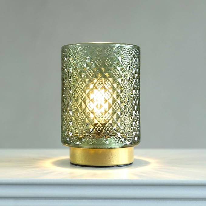 Battery Operated Lamp with Timer, Small Table Lamp for Shelf Decor, Glass Cordless Lamps Bedside Cozy Light for Living Room/Coffee Table/Entryway Diamond Design-Green