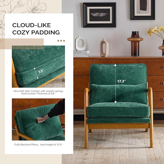 VINGLI Chenille Mid-Century Modern Accent Chair, Cute Reading Arm Chair with Cushion & Lumbar Pillow & Solid Wood Frame for Lounge, Living Room, Reading Room, Bedroom, Forest-Green