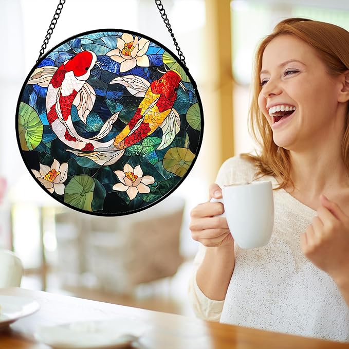 Stained Glass Window Hanging, Koi and Lotus Sun Catcher for Door Home Decor Fish Suncatcher Christmas Mother's Day Birthday Gifts for Women Men Mom and Nana 6.3 in