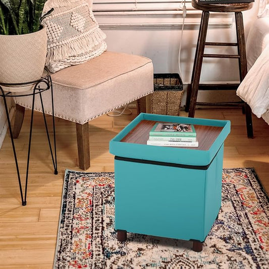Storage Ottoman - Foldable Footstool with Storage, Square Tray, Coffee Table Lid, Light Green