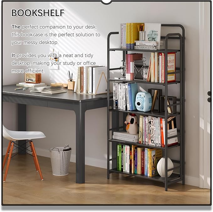 4NM No Assembly Folding Bookshelf, 5 Tiers Collapsible Book Shelves Open Industrial Foldable Storage Bookcase Shelf for Bedroom, Living Room, Home Office - All Black