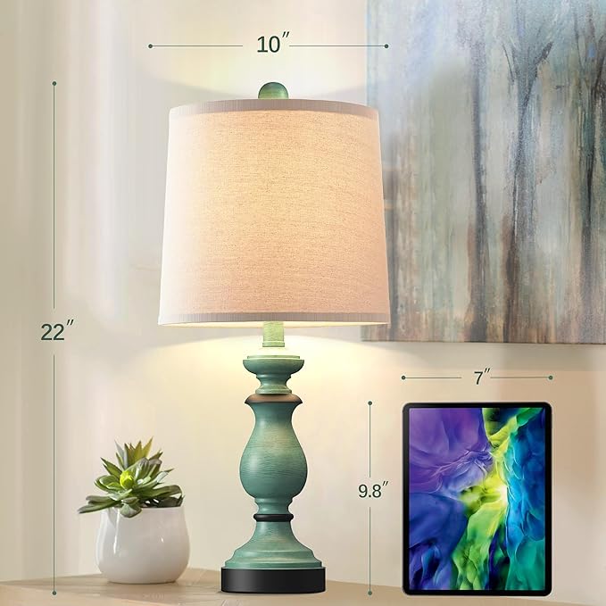 PARTPHONER Traditional Table Lamp Set of 2, Rustic Farmhouse Table Lamps for Living Room Bedroom, 22" Bedside Desk Lamps Vintage Nightstand Lamps with Linen Shades, Green