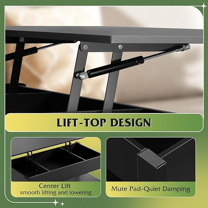 WLIVE Coffee Table, Lift Top Coffee Table with 2 Drawers, LED Light, Large Hidden Compartment and Open Shelf, Lift Tabletop, Dining Table for Living Room, Black