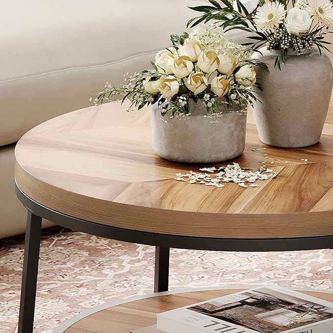 32" Round Coffee Table, Circle Coffee Table for Living Room with 2-Tier Storage Shelves, Design Accent Center Table with Wood Grain Desktop, Easy to Assemble
