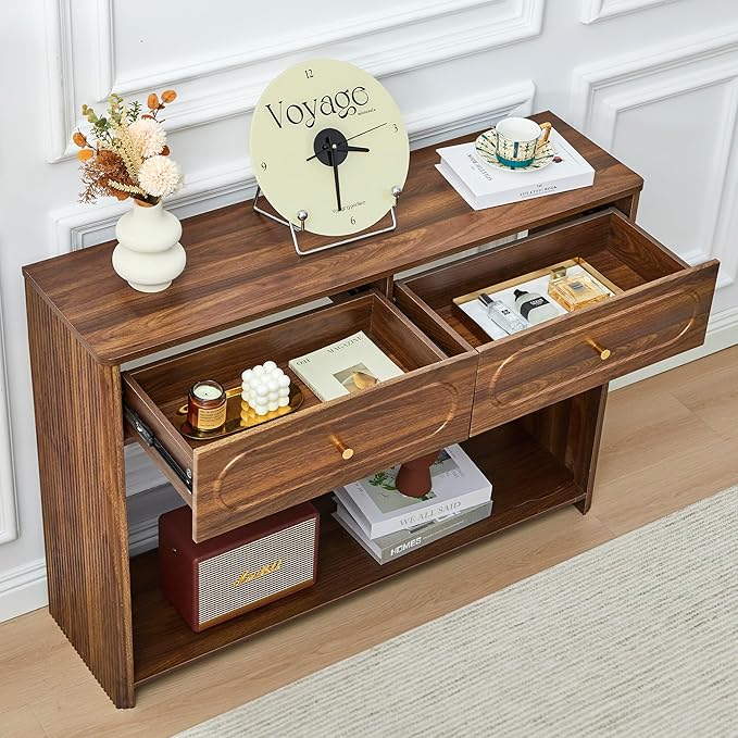 Fluted Console Table with Drawers, Mid-Century Narrow Entryway Table with Open Storage Shelves, Hallway Accent Tables Behind Couch Tables for Living Room (Walnut)