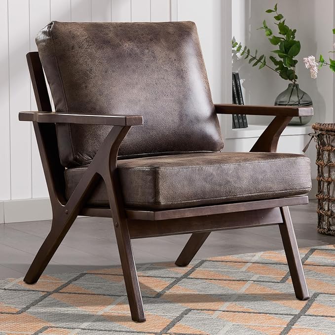 INZOY Mid-Century Modern Accent Chair with Wood Frame, PU Leather Living Room Chair and Soft Thick Padded Armchair for Living Room Bedroom Reception with Removable Upholstered Cushions, Dark Grey
