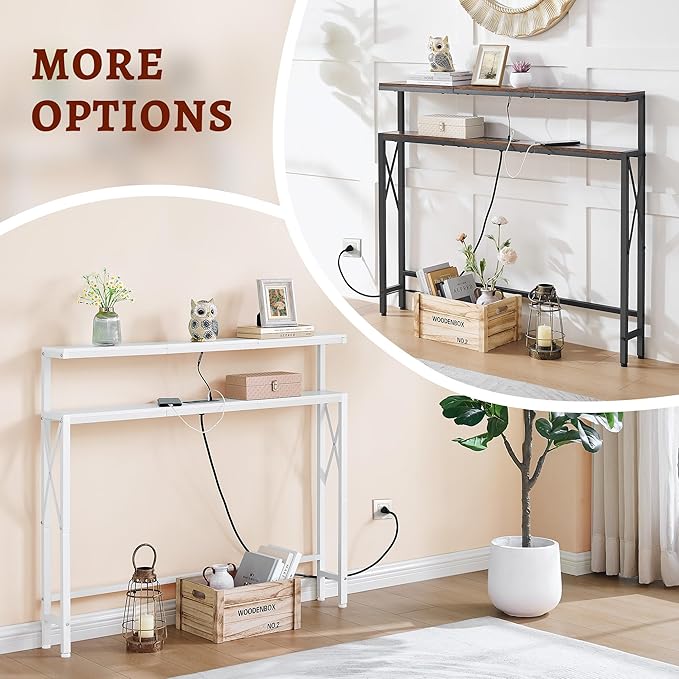 FAVOOSTY 46.8" Skinny Console Table with Charging Station and LED Light,5.9" Narrow Sofa Table with Power Outlets and Type C & USB Port, Behind Couch Table for Living Room, Hallway, EntryWay, White