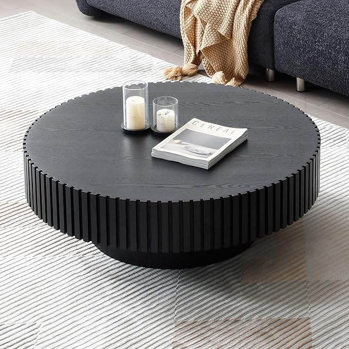 31.49" Black Round Coffee Table for Living Room Modern Wood Fluted Coffee Table with Pedestal Base Circle Accent Table for Apartment Easy Assembly (Watt Black,Round+Ø31.49"x13.97")