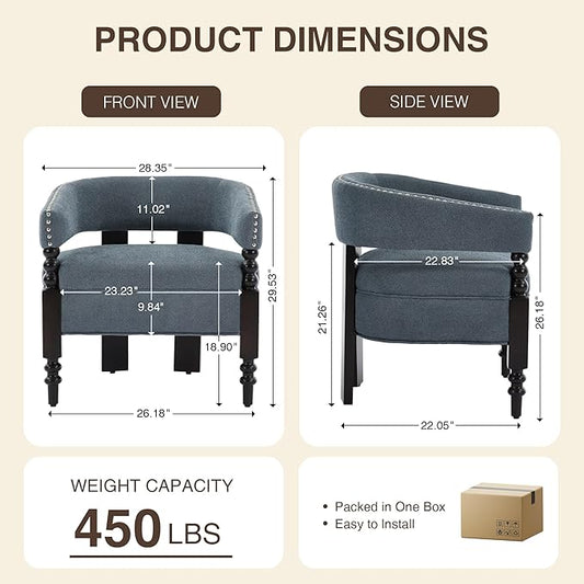 LOULENS Barrel Accent Chairs Set of 2, Vintage Linen Upholstered Lounge Chair with Solid Wood Legs, Comfy Leisure Side Armchair for Living Room, Bedroom, Reading Nook, Corner, Blue