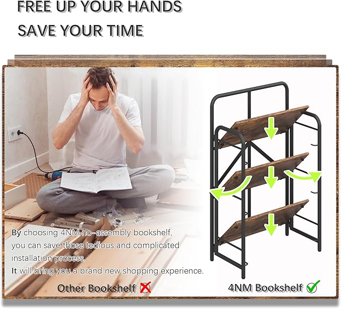4NM No Assembly Folding Bookshelf, 3 Tiers Collapsible Book Shelves Open Industrial Foldable Storage Bookcase Shelf for Bedroom, Living Room, Home Office - Rustic Brown and Black