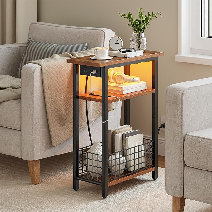 HOOBRO Narrow Side Table with Charging Station and LED Light, Small End Table with Storage, Skinny Nightstand with USB Port, Slim Bedside Table for Small Spaces, Living Room, Rustic Brown BF242UDBZ01