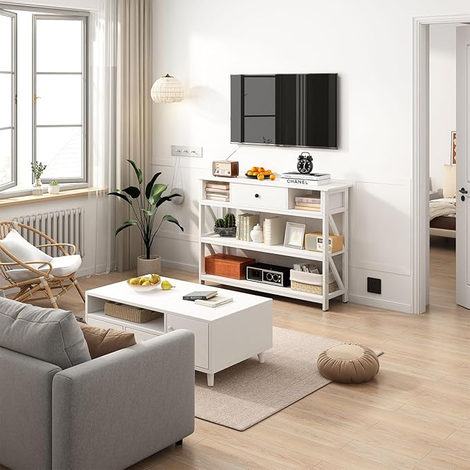 Mexin 39 Inch Console Sofa Table with Drawer, Industrial Entryway Table with Storage Shelves, Storage Organizer for Hallway Living Room Couch Foyer Kitchen Counter, White