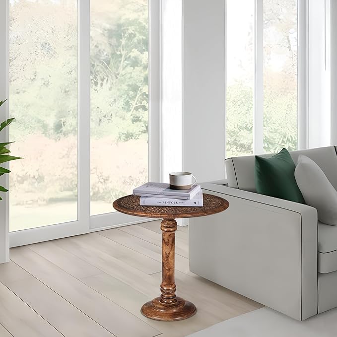 Goroly Home Hand Carved Wooden Pillar Table Pillar, Small End Table Nightstand Bedside Table for Living Room, Magazines, Books & Plants - 18x22 Inch - Antique Burnt