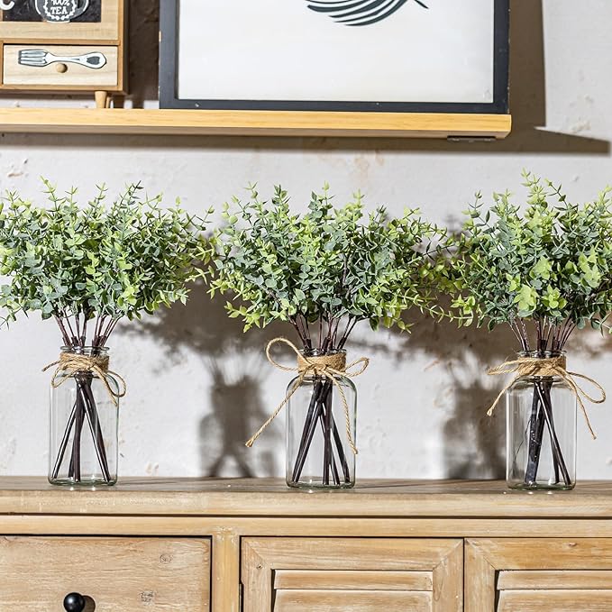 14" Artificial Eucalyptus Stems in Glass Vase, Fake Plants Faux Eucalyptus Branches Greenery Stems for Home Decor Farmhouse Wedding Table Decoration (2)