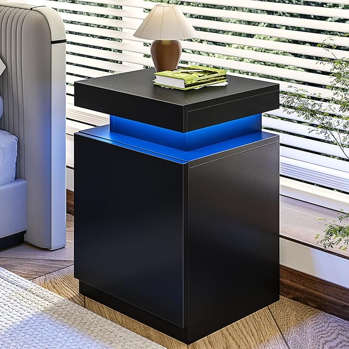 oneinmil Nightstand with Charging Station and LED Lights, Night Stand with Sliding Top Storage, Bedside Table with Drawer, Modern End Side Table for Bedroom, Black