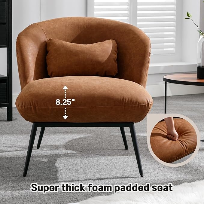 DUOMAY Modern Accent Chairs Set of 2, PU Upholstered Leisure Chair Single Sofa Chair Lounge Chair with Lumbar Pillow Metal Legs Slipper Chair for Living Room Bedroom Office, Brown
