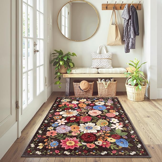 Floral Machine Washable Rug Black, 3x5 Rug Non Slip Soft Bedroom Rugs for Entryway Dorm, Ultra-Thin Rugs for Bedroom Stain Resistan(3 x 5, Black Garden)