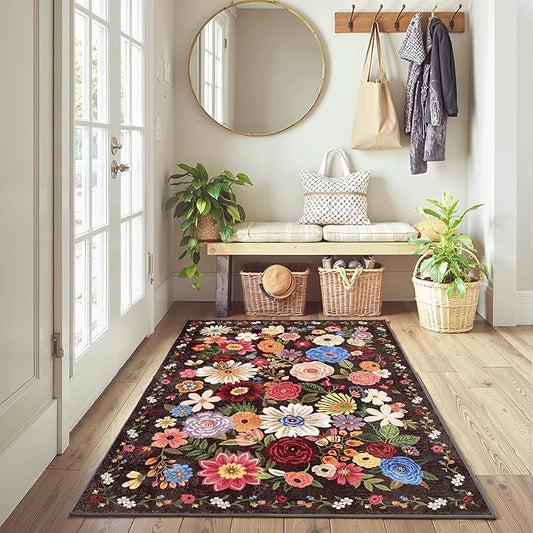 Floral Machine Washable Rug Black, 3x5 Rug Non Slip Soft Bedroom Rugs for Entryway Dorm, Ultra-Thin Rugs for Bedroom Stain Resistan(3 x 5, Black Garden)