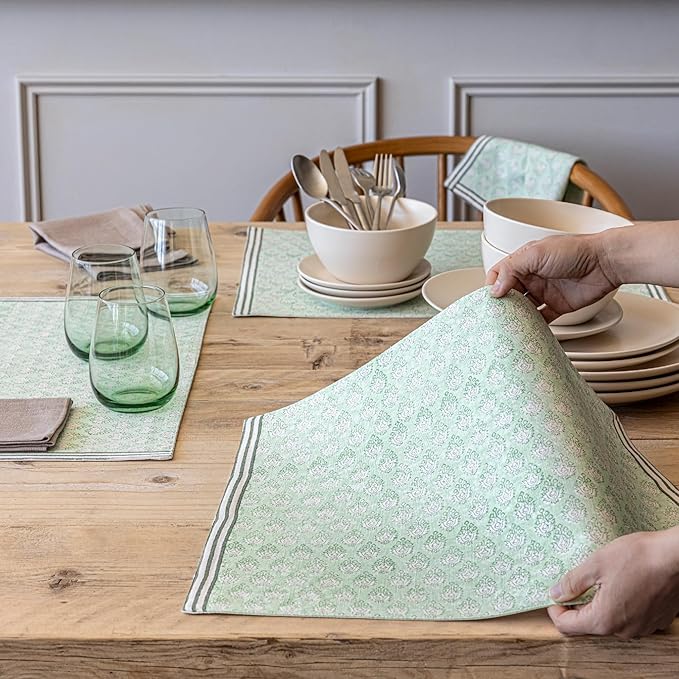 Over&Back Set of 4 Hand-Blocked Placemats - Colorful Dining Table Mat - Each Placemat is Unique - 100% Cotton - Machine Washable - Kitchen and Home Decor - Green Leaf