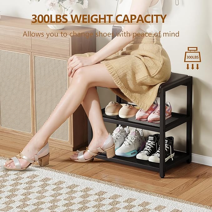 ZHOOGE Small Shoe Bench Shoe Rack Storage Bench Entryway Bench Shoe Shelf with Seat Cushion, Stable Shoe Organizer for Entryway, Living Room, Bench Seat Holds Up to 300 lb, (17"x 10"x 16", L x W x H)