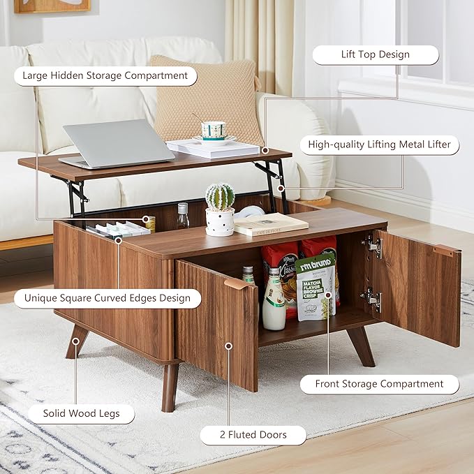 Fluted Lift Top Coffee Table with Large Hidden Compartment, 31.5” Wooden Center Table with Storage, Mid Century Modern Lift Tabletop Coffee Tables for Living Room Home Office, Walnut