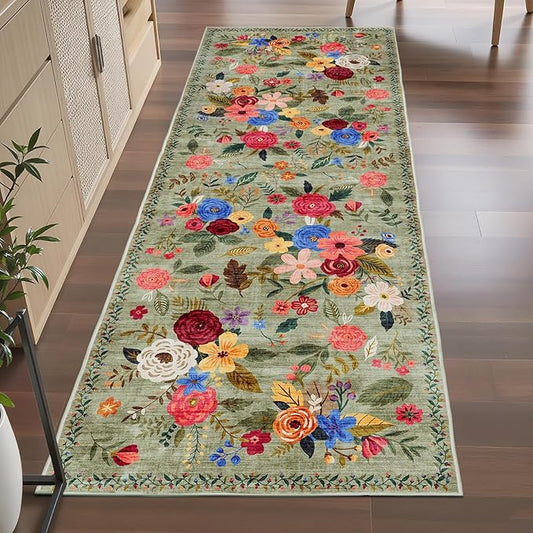 Rug for Hallways Kitchen Rug 2x6 Green, Non Slip Washable Rugs with Rubber Backing Soft Floral Carpet Runner for Hallways, Kitchen, Laundry, Bedroom, Bathroom (2 x 6, Green Lawn)