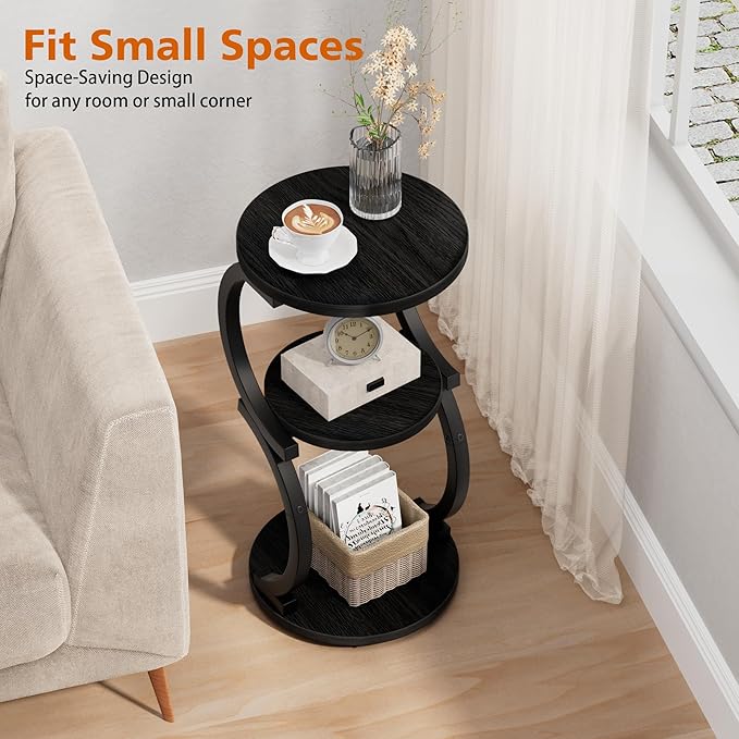 JUSTOGO Small Round Side Table, 3-Tier End Table for Living Room, Vintage Nightstand for Small Spaces Sofa Couch Corner Bedside Bedroom, S-Shaped Wood Accent Table Matel Coffee Table, Black