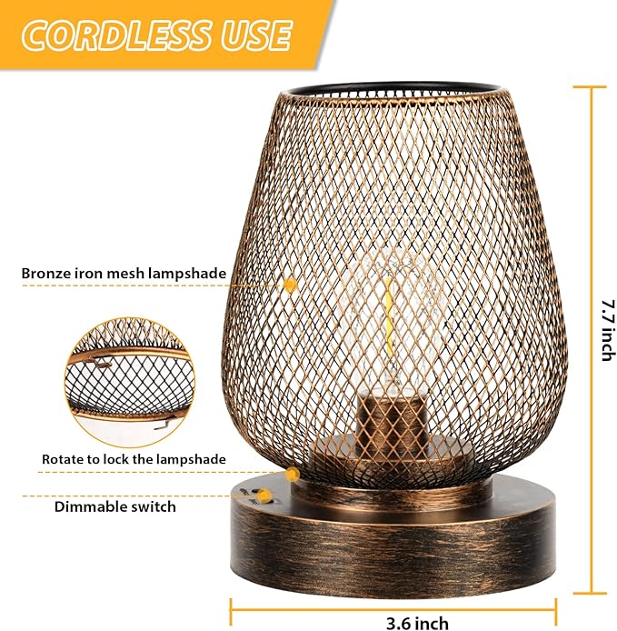 UBright 2 Pack Rechargeable Table Lamp Cordless Table Lamp Battery Operated Lights Metal with 4 Lighting Mode Indoor Outdoor Lights for Patio Bedroom Living Room (Bulb Included) Bronze
