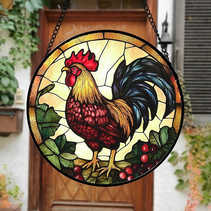 Stained Glass Window Hanging, Colorful Big Cock Sun Catcher for Window Door Home Decor, Chicken Suncatcher Christmas Mother's Day Birthday Gifts for Women Men Mom and Nana 7.8 in