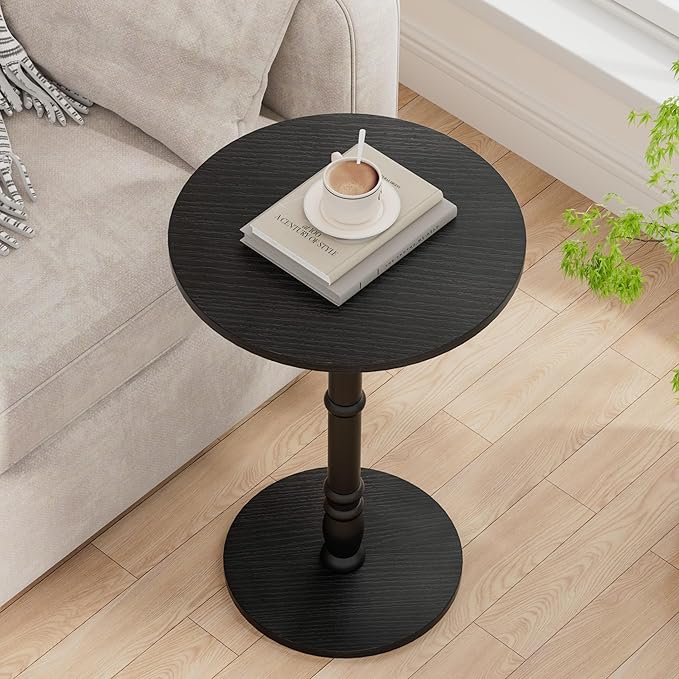 Round Side Table, Solid Wood Pillar, Large 15.7" Top, Small Accent Table for Living Room, Bedroom, Sofa, Entryway & Office, Easy Assembly, Black