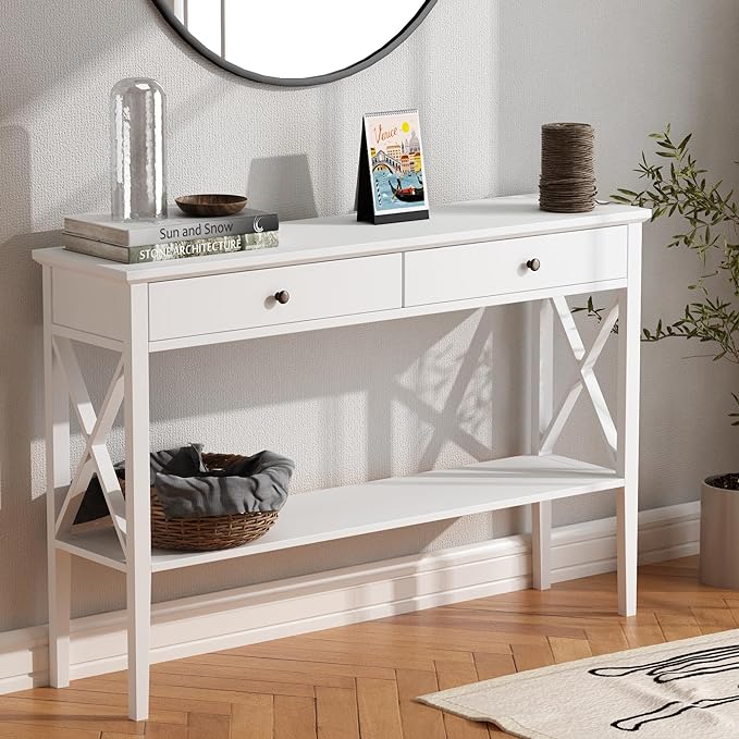 ChooChoo 47" Console Table with Drawers, Narrow Wood Accent Sofa Table Entryway Table with Storage Shelf for Entryway, Front Hall, Hallway, Living Room, White