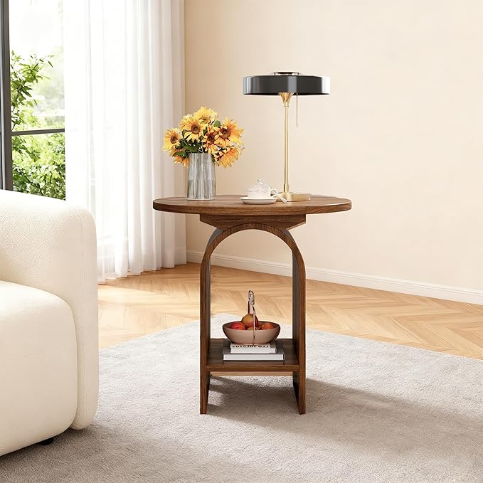 Modern Round Wooden Side Table Set of 2, Small Decorative Coffee Table Vintage Nightstand with Lower Open Shelf for Living Room, Bedroom Or Small Space, Walnut X2