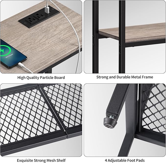 Snughome Console Table with Power Outlets, Entryway Table with Storage, Narrow Sofa Table with 3 Tier Shelves, 2 USB Ports, 2 Power Outlets, Hallway Table for Couch, Living Room, Entrance, Grey