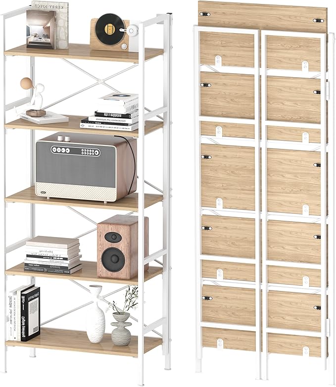 Folding Bookshelf,5 Tier Bookcase Foldable Shelf with X-Bracket Design, Adjustable Feet, Space Saving Storage for Living Room, Office, Light Coffee