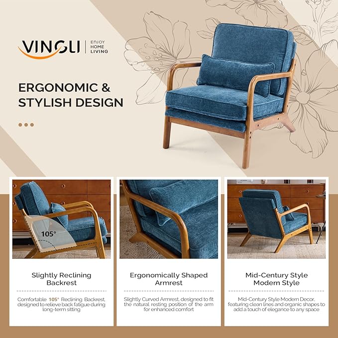 VINGLI Chenille Mid-Century Modern Accent Chair Set of 2, Cute Reading Arm Chair with Cushion & Lumbar Pillow & Solid Wood Frame for Lounge, Living Room, Reading Room, Bedroom, Blue