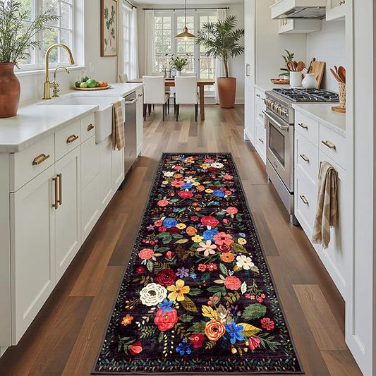 Black Rug for Hallways Kitchen Rug 2x8, Non Slip Washable Rugs with Rubber Backing Soft Floral Carpet Runner for Hallways, Kitchen, Laundry, Bedroom, Bathroom(2 x 8, Black Lawn)