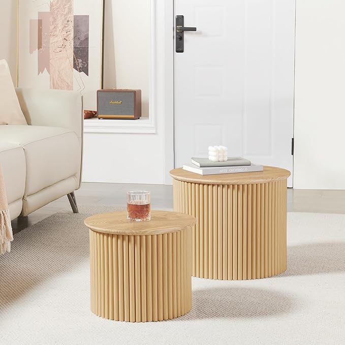 AVZEAR Round Nesting Coffee Table Set of 2, Small Fluted Coffee Table Circle Side Table, Boho Modern Wood Nesting Tables Farmhouse End Table Set for Living Room, Bedroom, Small Spaces(Natural)