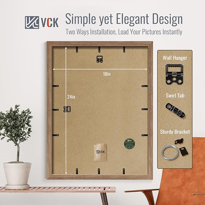 VCK 18x24 Poster Frame 2 Pack - Walnut, High-End Wood Picture Frames with Polished Plexiglass, Display 16x20 Photo with Mat or 18x24 without Mat, Art Gallery-Quality, Wall Hanging, Walnut