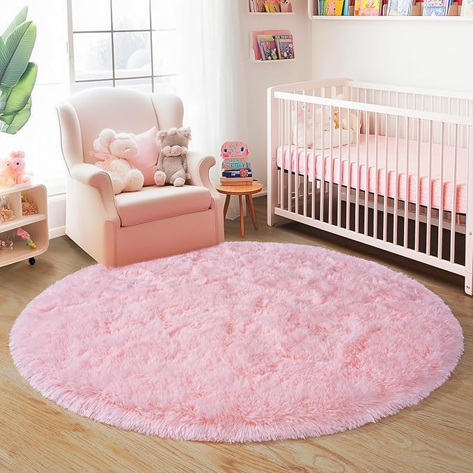 3'x3' Round Pink Rugs for Girls Bedroom, Ultra Soft Fluffy Circle Rug for Kids Room, Cute Small Shag Rugs for Living Room Playroom Tent Castle Home Decor Rug
