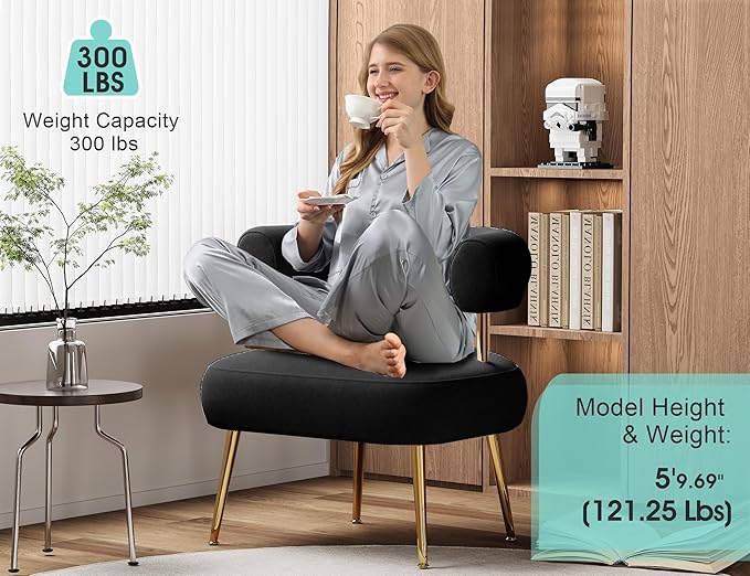 Modern Velvet Accent Chair, Round Upholstered Barrel Armchair for Small Spaces, Fluffy Side Corner Sofa Chair for Living Room, Bedroom, Vanity, Office, Reading Nook(Black)