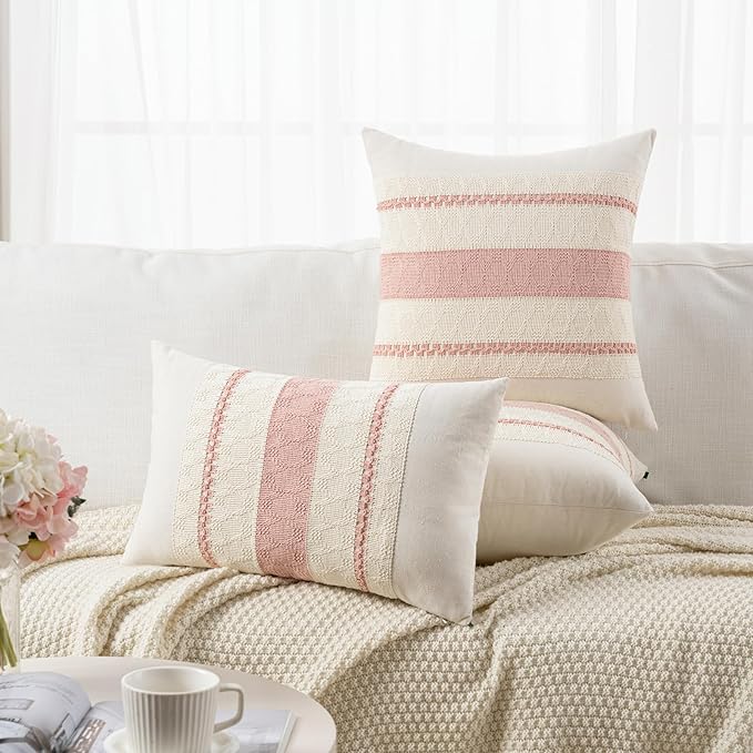 Fancy Homi Set of 2 Boho Pink Decorative Throw Pillow Cover 16x16 Inch for Couch Bed Sofa, Aesthetic Modern Organic Farmhouse Home Decor, Soft Cotton Cute Accent Macrame Woven Cushion Case